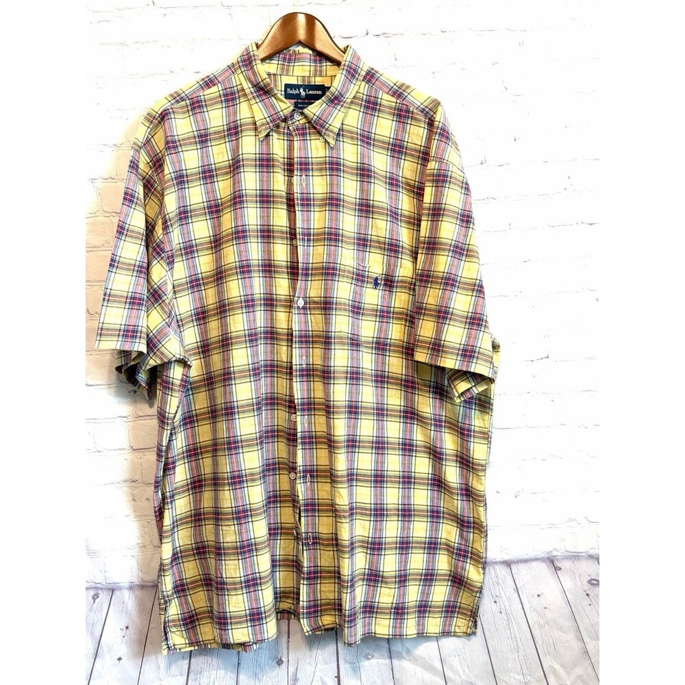 Ralph Lauren Polo Shirt Mens 2XLT Yellow Plaid Short Sleeve Button Down Cotton